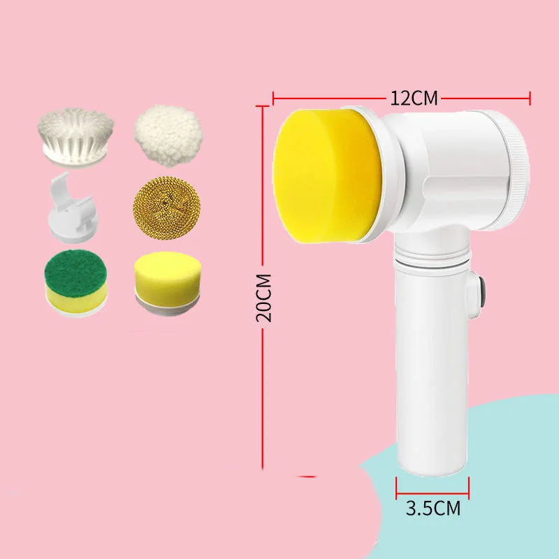 Rechargeable electric dishwashing brush with multiple replaceable brush heads and storage hook