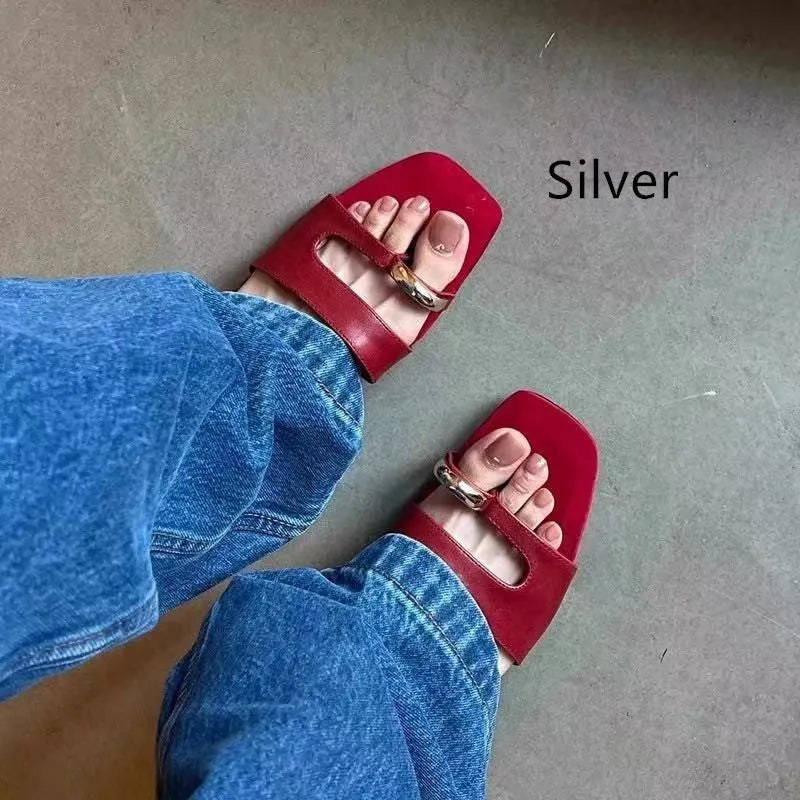 Square toe leather and rubber plus size outdoor slippers in red, shown from the side.