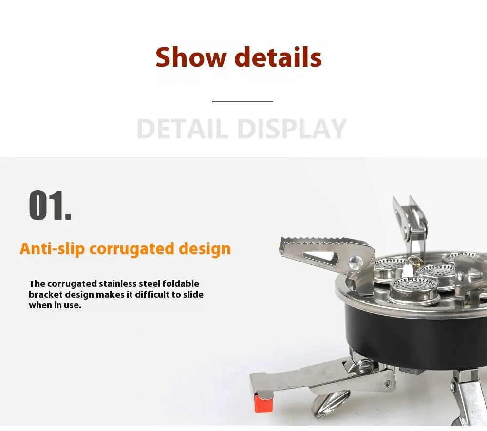 Silver portable stainless steel split camping stove shown unfolded with a 100cm fuel hose.