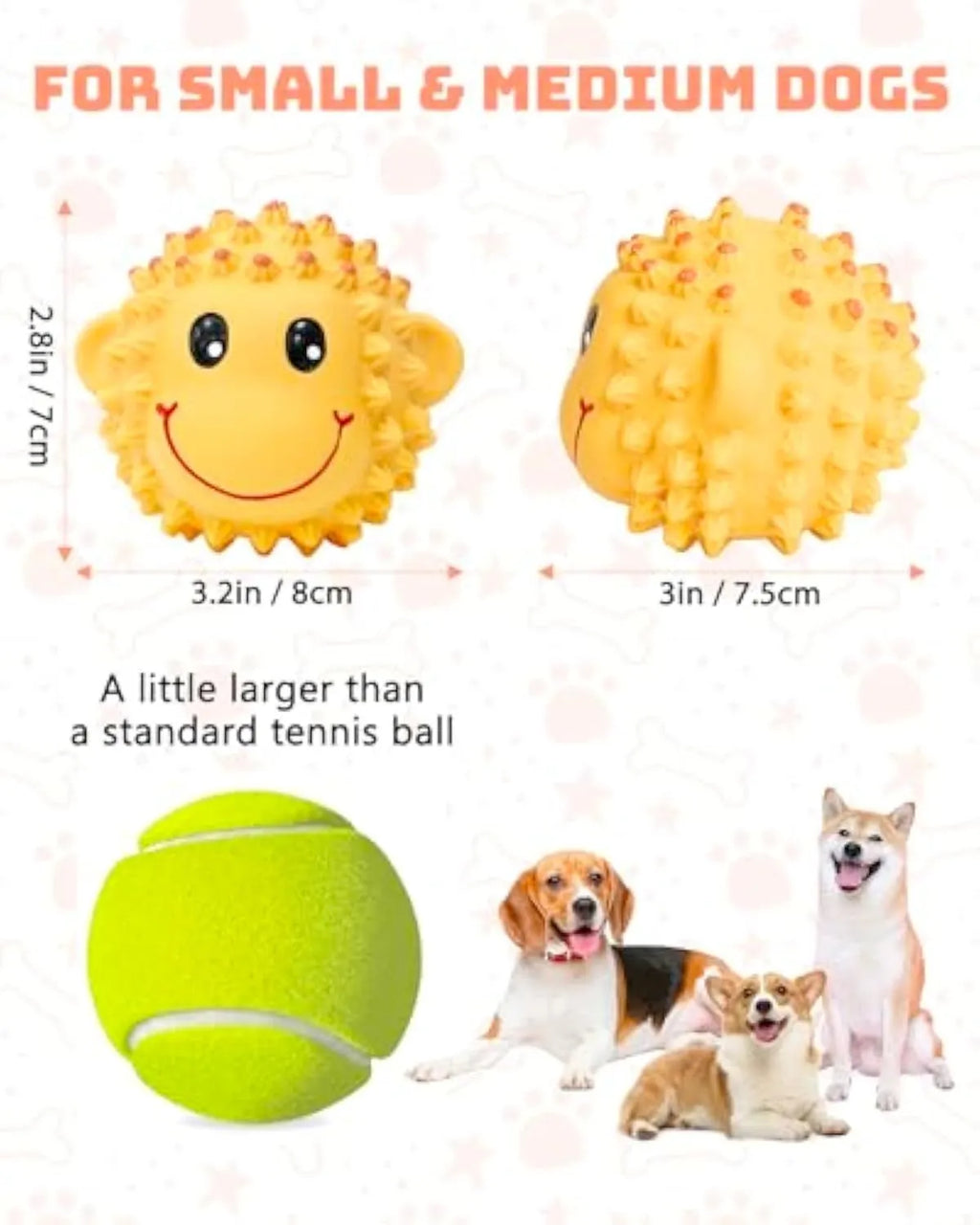 Orange and yellow spiky latex dog toy with animal design, shown next to a measuring tape showing 3 inch diameter.