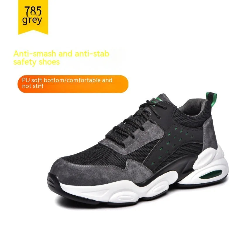 Mesh breathable black labour protection safety shoes with PU anti-puncture sole on a work site background.