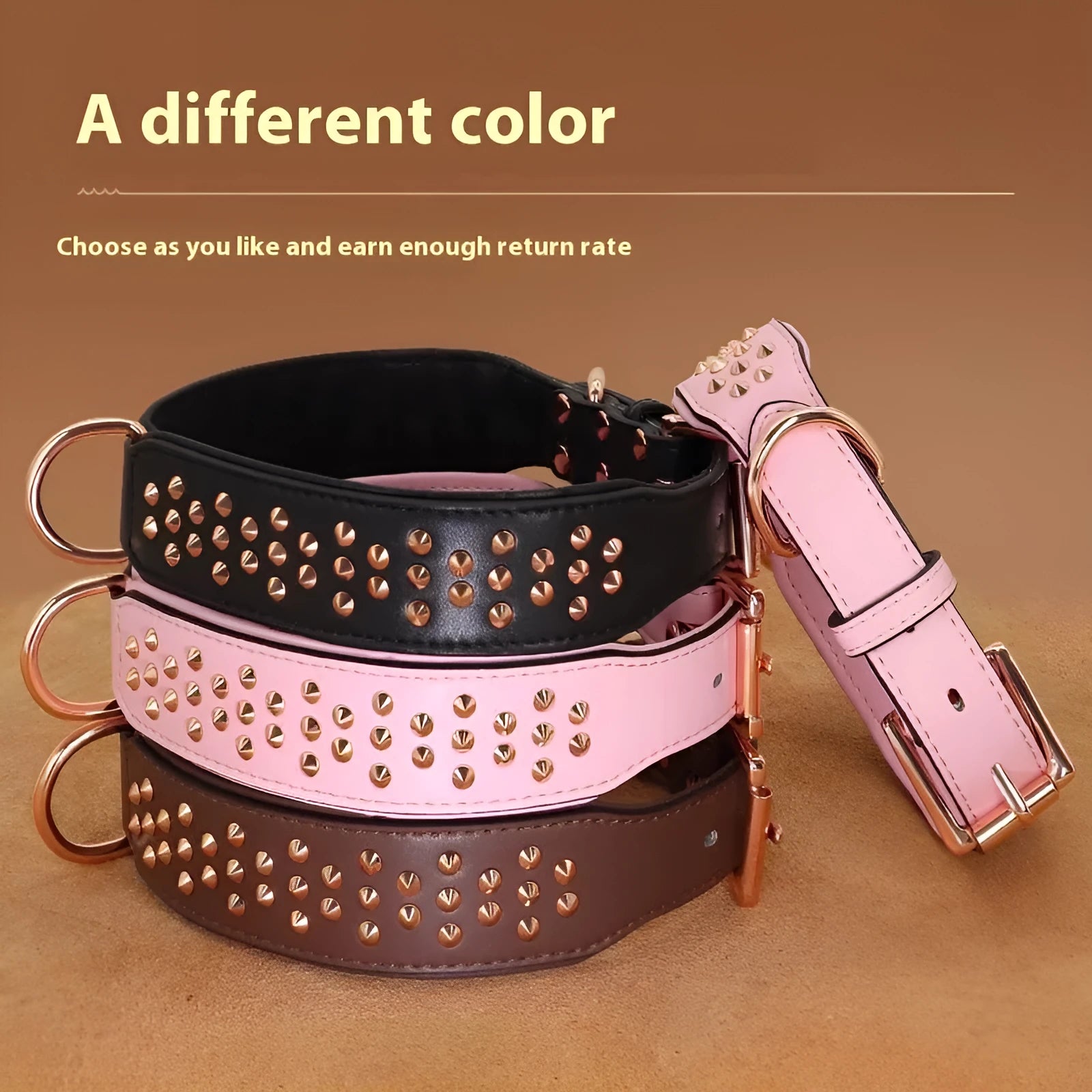 Leather dog collar with metal rivets in chocolate colour, shown with a D-ring and buckle.