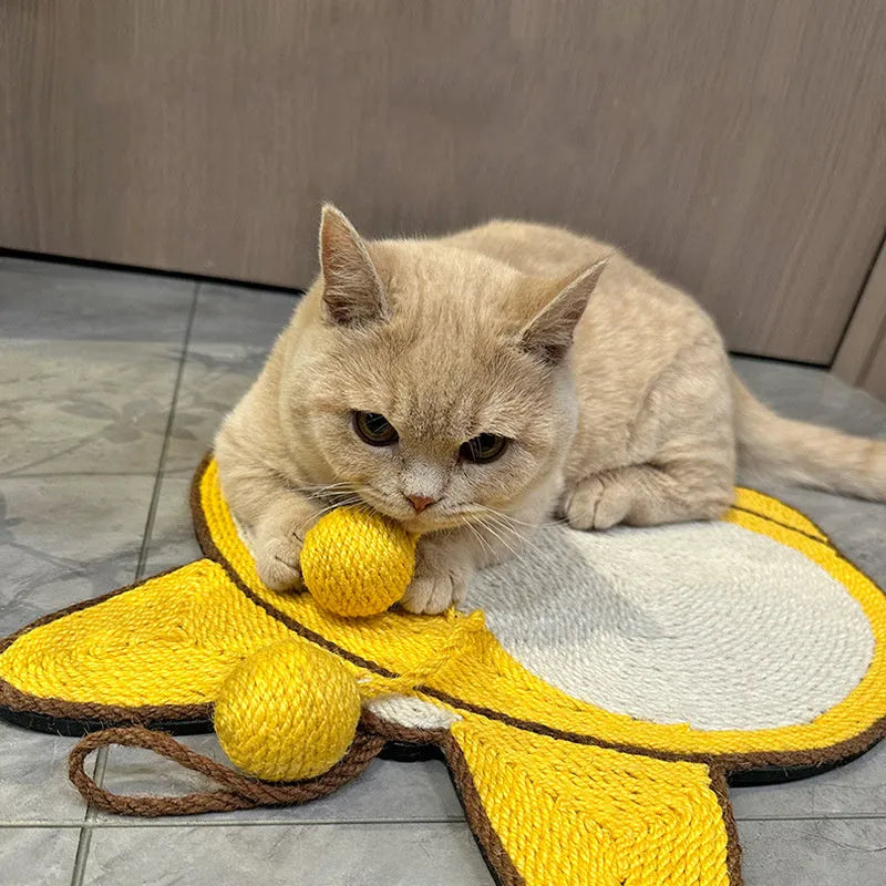 Yellow Corgi butt design sisal cat scratching pad with anti-slip base on a wooden floor.