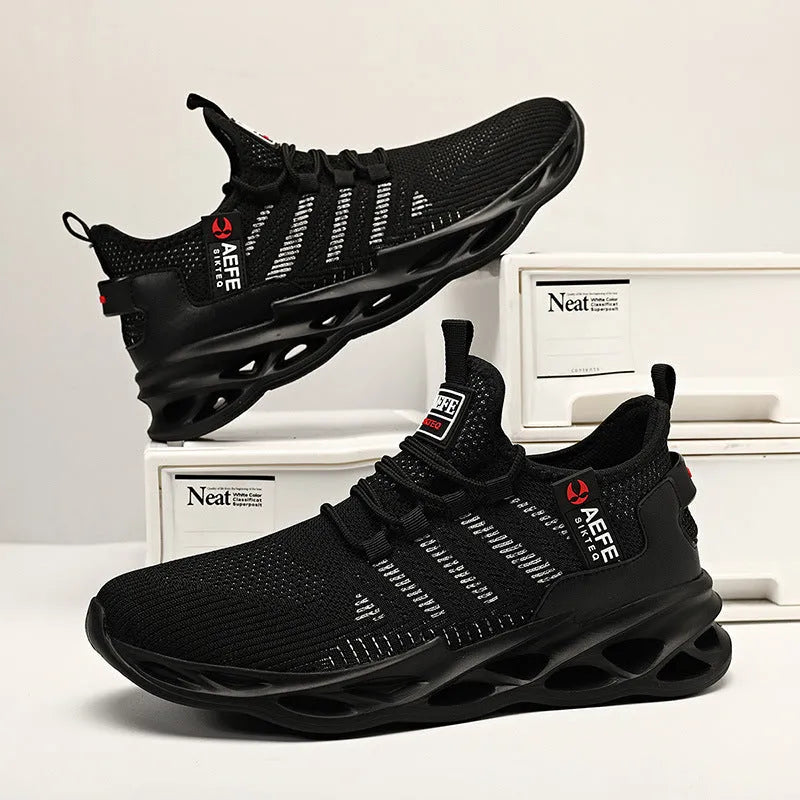 Men's black mesh casual running shoes with cross straps and round toe in Korean style