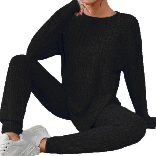 Black and blue sunken stripe casual two-piece polyester homewear set with top and pants.