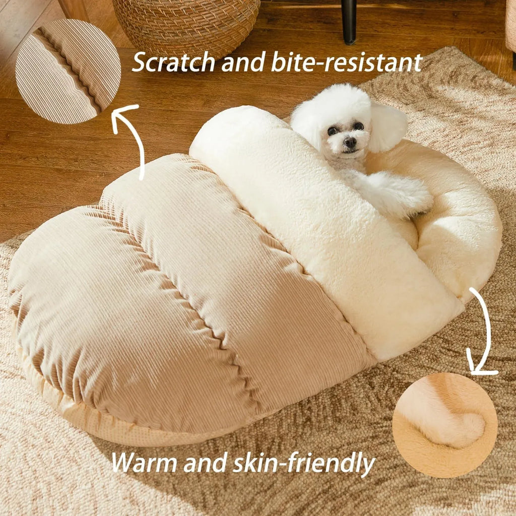Slipper-shaped cat bed with corduroy exterior shown in closed cave configuration and opened flat position