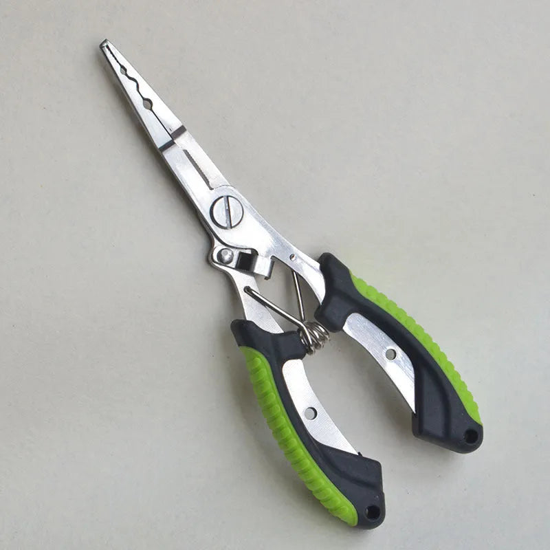 Medium straight mouth fishing pliers with integrated hook tool showing SS420 steel construction and colour-coded ABS handles