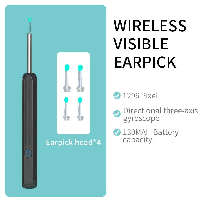 Black NE3 wireless otoscope ear cleaner with camera, Type-C cable, and four spoon heads on a white background.