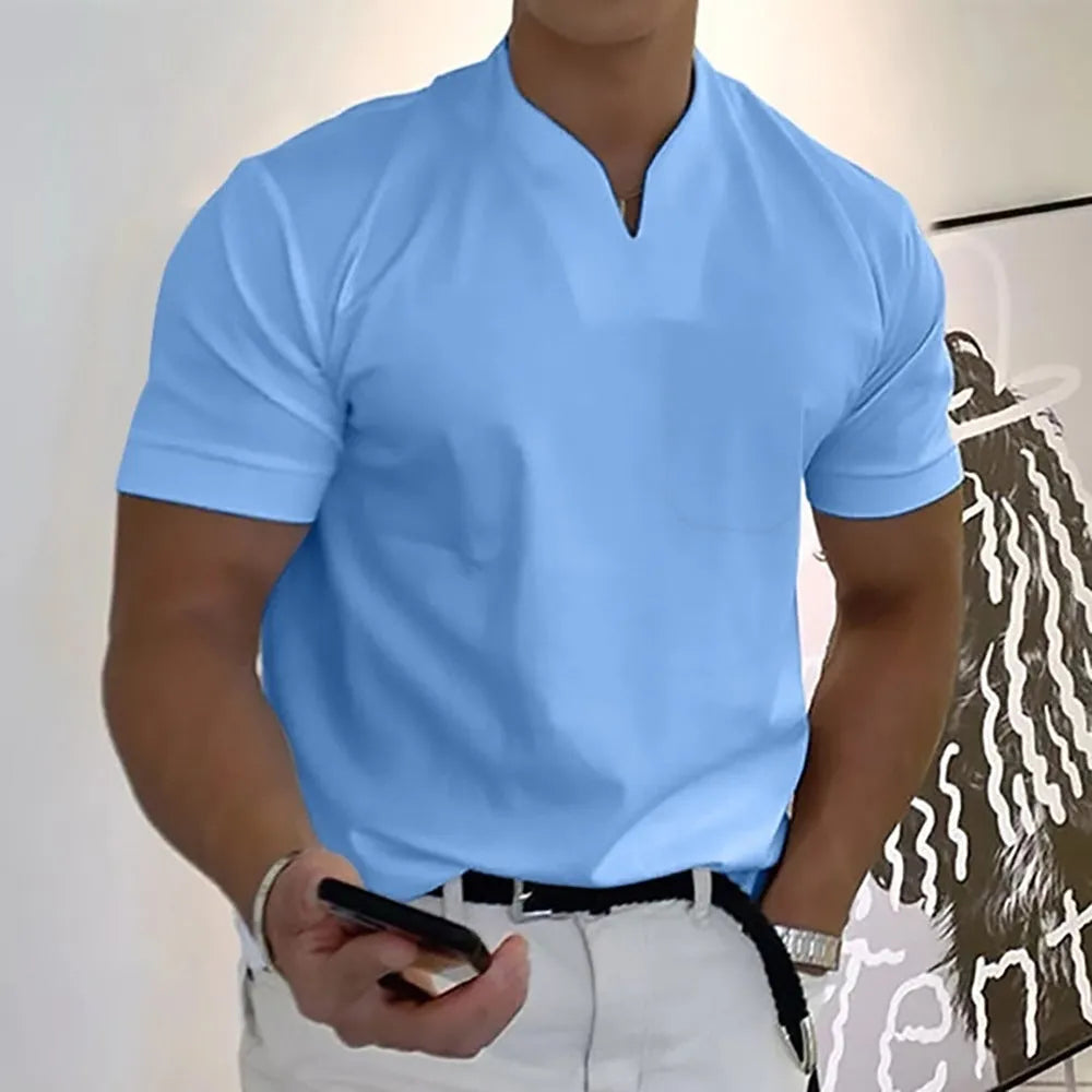 Men's summer short sleeve shirt with front pocket, stand collar, loose fit, elastic cotton blend, plus size options, twelve colours available