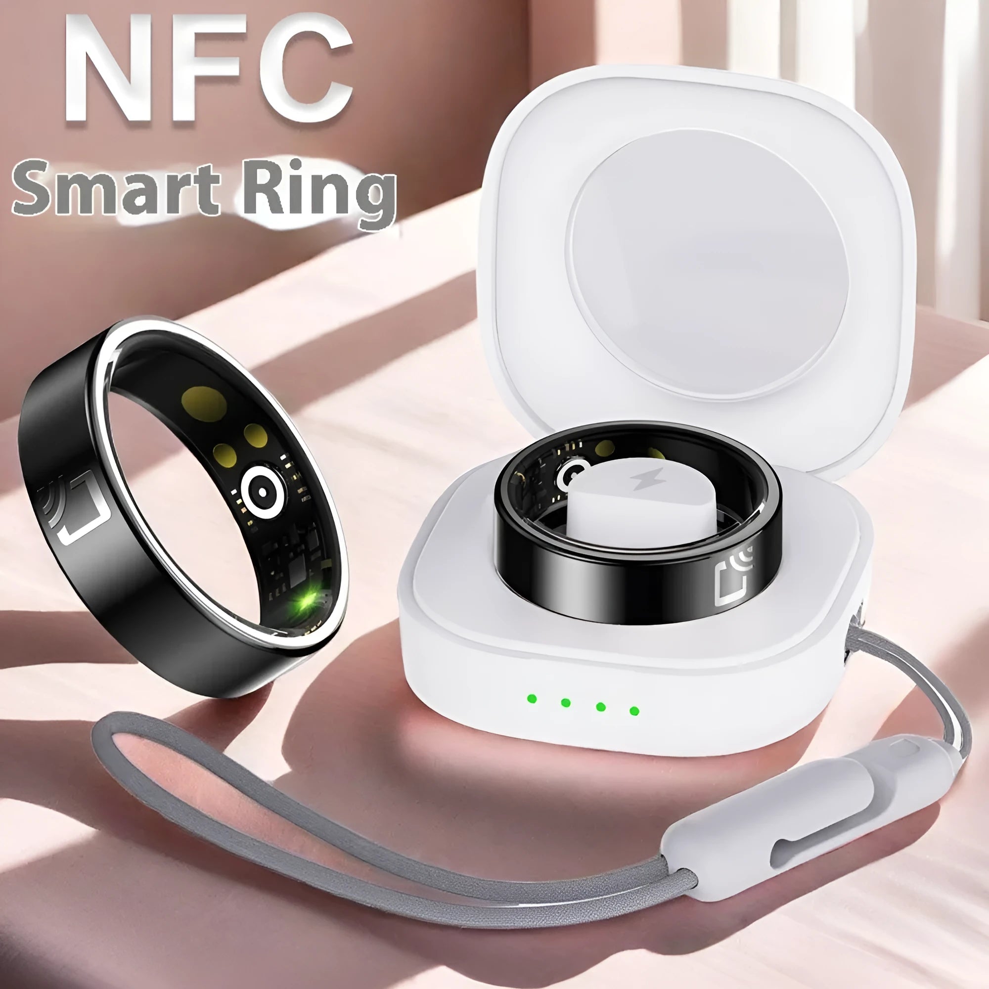 Black ceramic smart ring for health monitoring on a finger, showing a charging case nearby.
