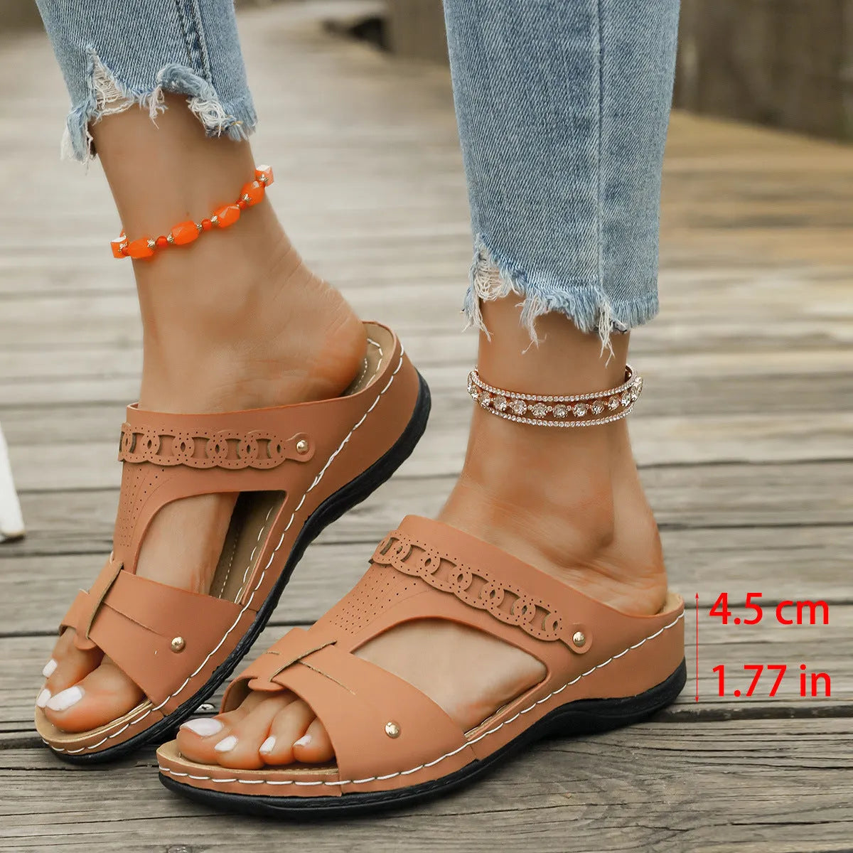 Slope heel roman style slippers in PU with fish mouth toe, shown in available colours.