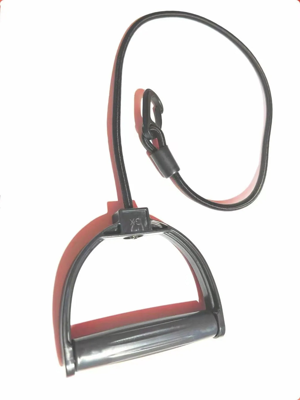 Power Plate treadmill drawstring accessory with sponge rubber handle in black and red on white background
