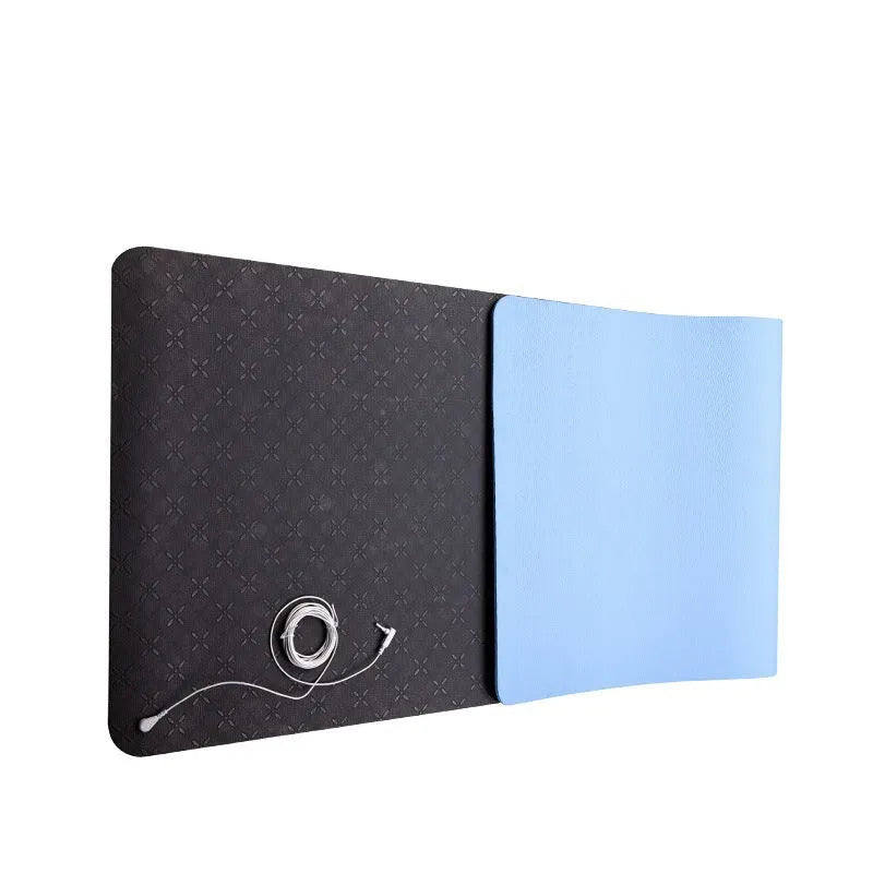 Blue conductive grounding yoga mat with plant pattern and integrated wire, measuring 182cm long.