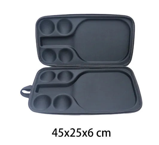 Black portable EVA storage case for a pickleball racket and balls with two shoulder straps.