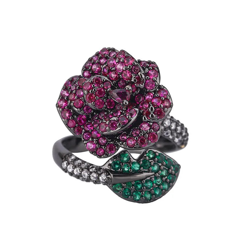 Gold-plated geometric black gold flower ring with simulated red corundum stone for women