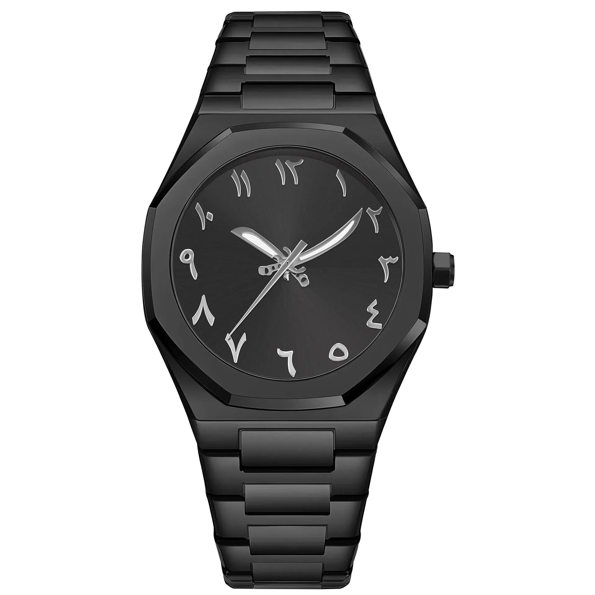 Men's silver and black business casual watch with steel bracelet and analogue dial on a wrist.