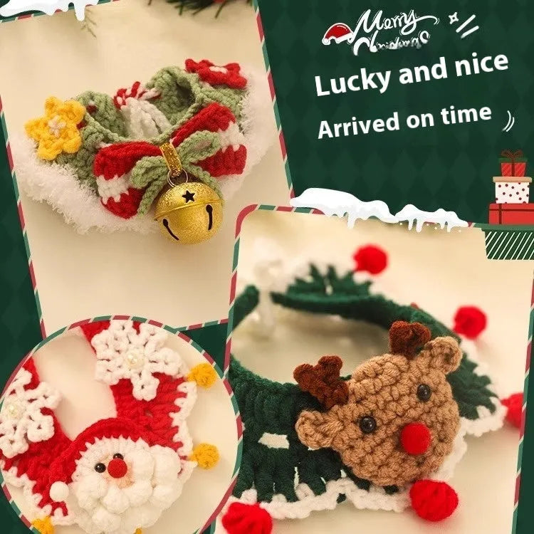 Christmas pet scarf wool accessory for dogs cats in festive patterns snowflake Santa Claus lucky deer