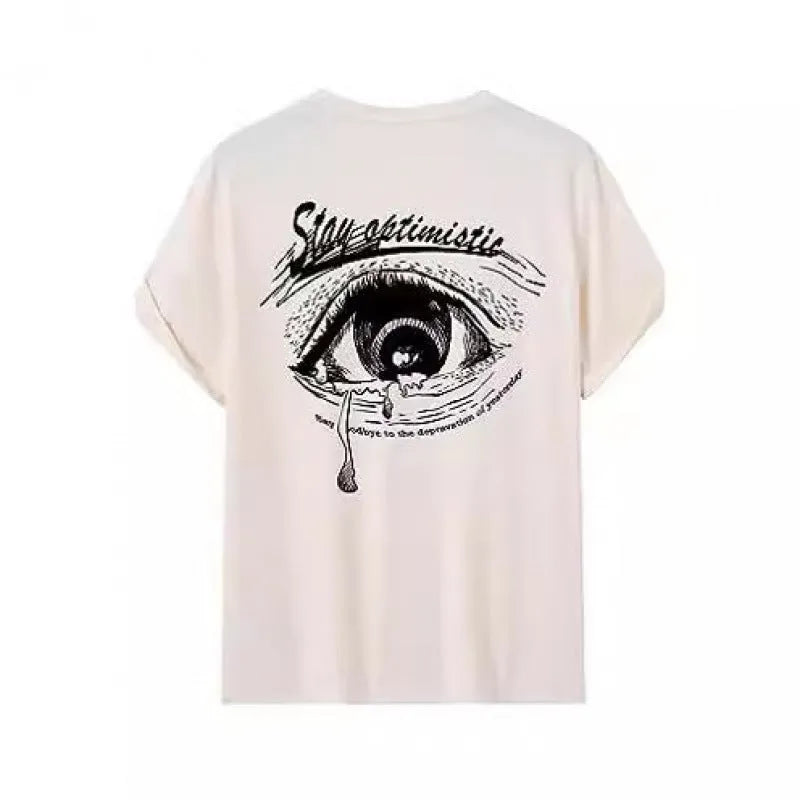 Men's grey short sleeve street T-shirt with abstract digital print, casual pullover style.