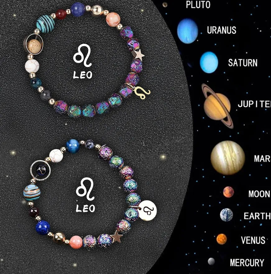 Two natural stone beaded bracelets with zodiac charms on a stretch cord, shown in a selected star sign style.