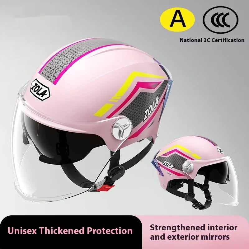 A light brown 3C certified motorcycle half helmet with a double mirror visor on a stand.