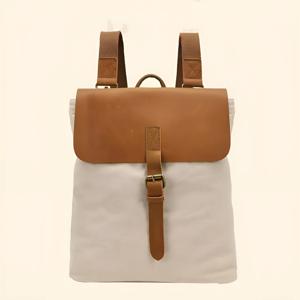 Waterproof canvas student backpack with Crazy Horse leather trim in minimalist design