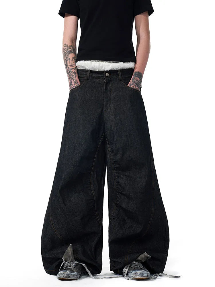 Black wide-leg jeans with temperature-sensitive embroidery on red ears, Korean loose straight style