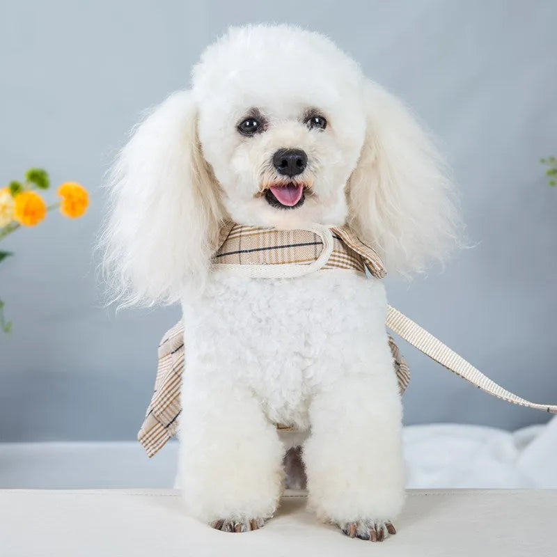 Adjustable polyester pet vest with hand holding rope in milky white or purple skirt colour
