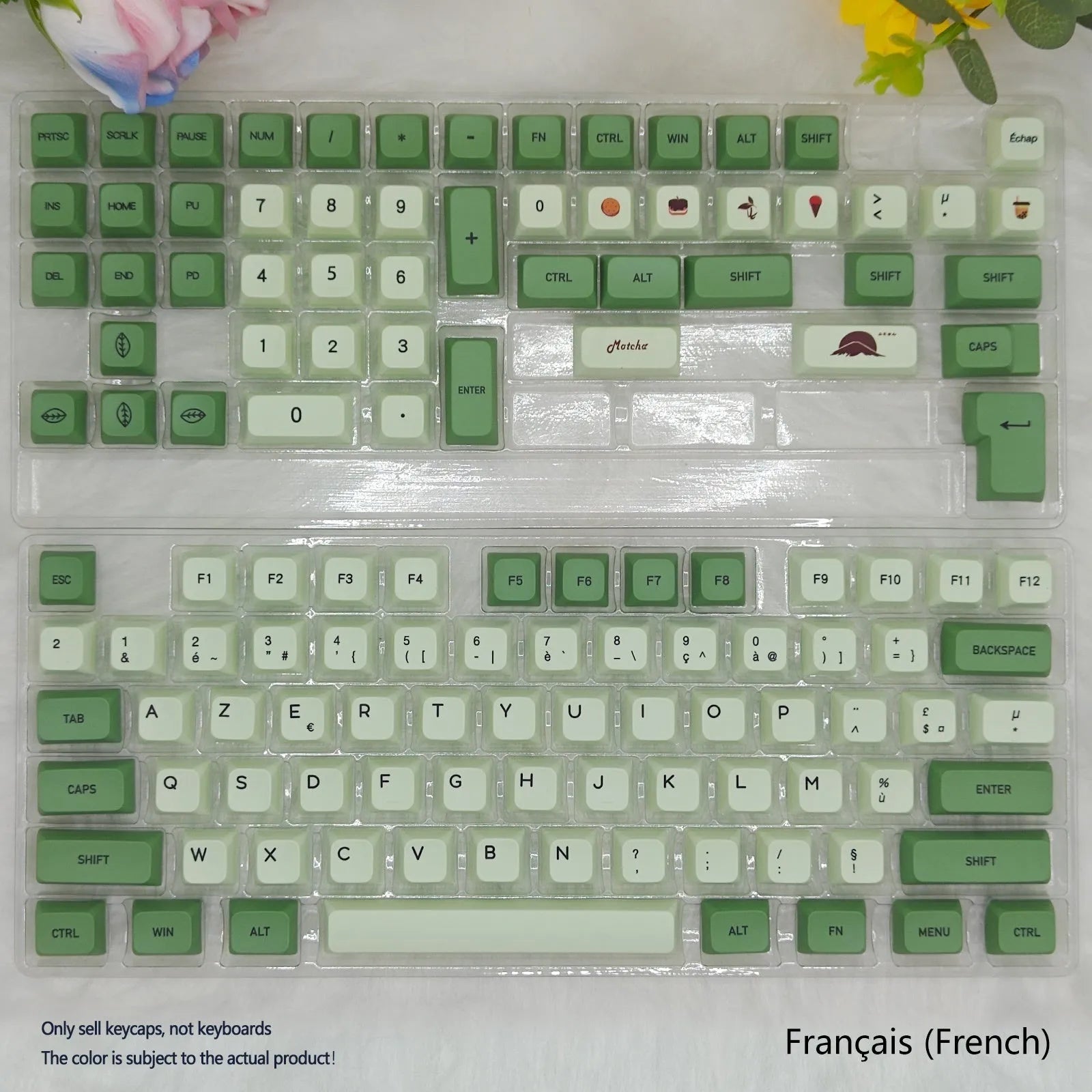 124-key Matcha green PBT keycap set for a mechanical keyboard, showing multiple language layout options.