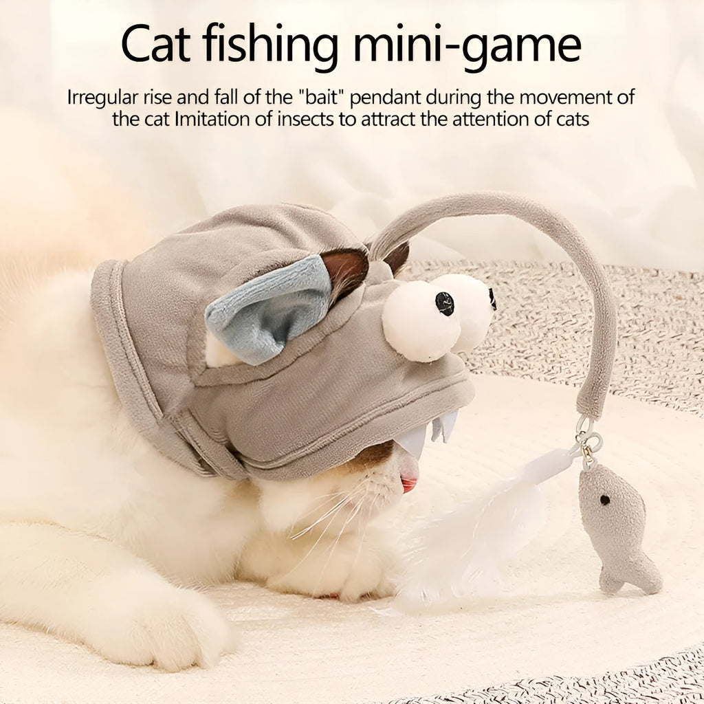 Grey dinosaur feather head teaser cat toy with adjustable neck strap for hands-free indoor play.