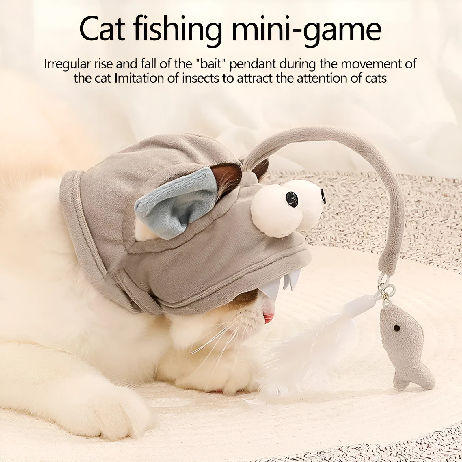 Grey dinosaur feather head teaser cat toy with adjustable neck strap for hands-free indoor play.