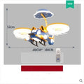 Modern ceiling fan light with yellow and blue acrylic shade and metal blades for large bedrooms
