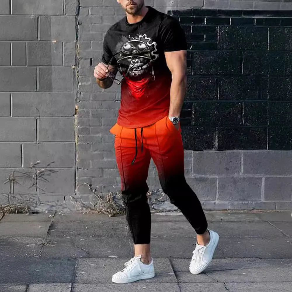 Man wearing a short sleeve round neck pullover and matching trousers from the polyester sports set.