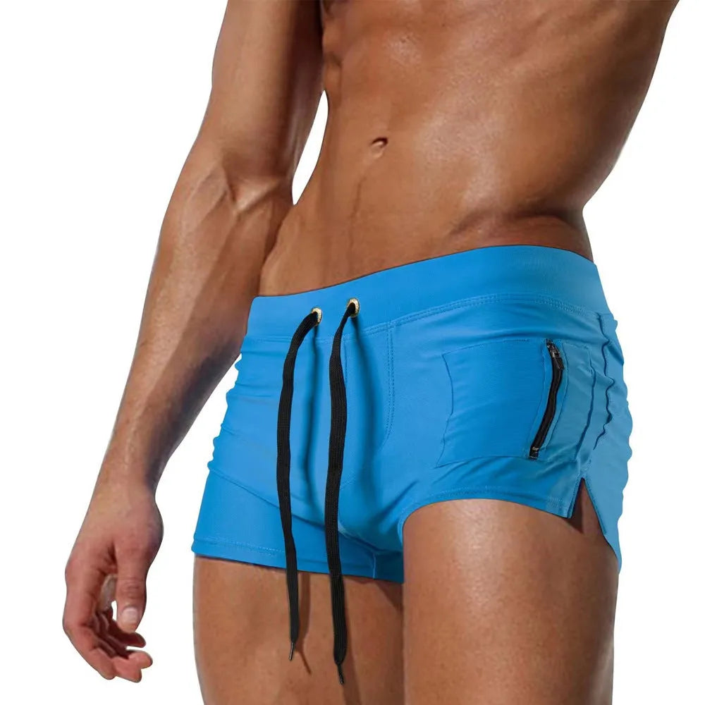 Men's high waist swimming trunks with lace-up front in solid colour