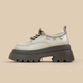 White women's platform leather shoes with lace-up front and a thick chunky heel.