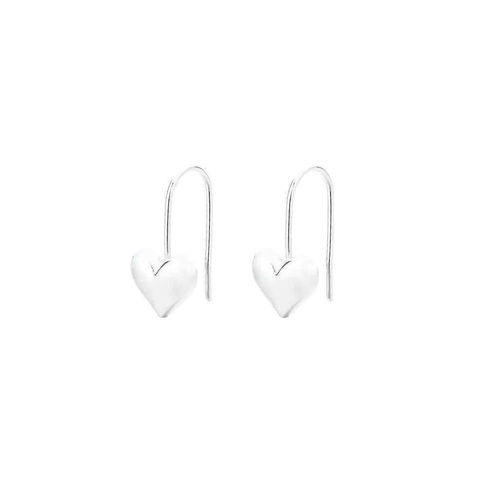 Silver coloured heart-shaped earrings with three-dimensional glossy finish and Korean style design