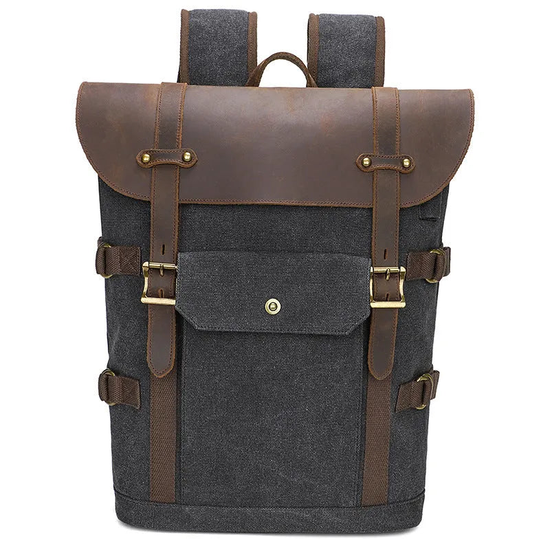 Army Green canvas computer backpack with crazy horse leather detailing and USB charging port