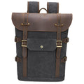 Army Green canvas computer backpack with crazy horse leather detailing and USB charging port