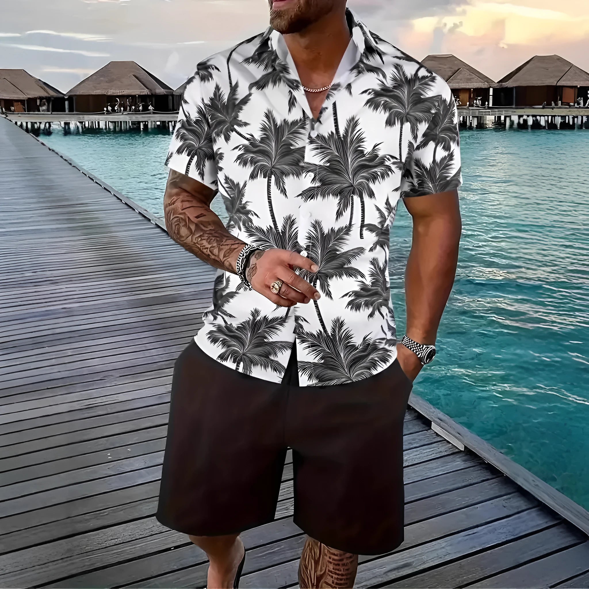 Man wearing a 3D printed Hawaiian pattern short sleeve top and matching shorts casual suit set.