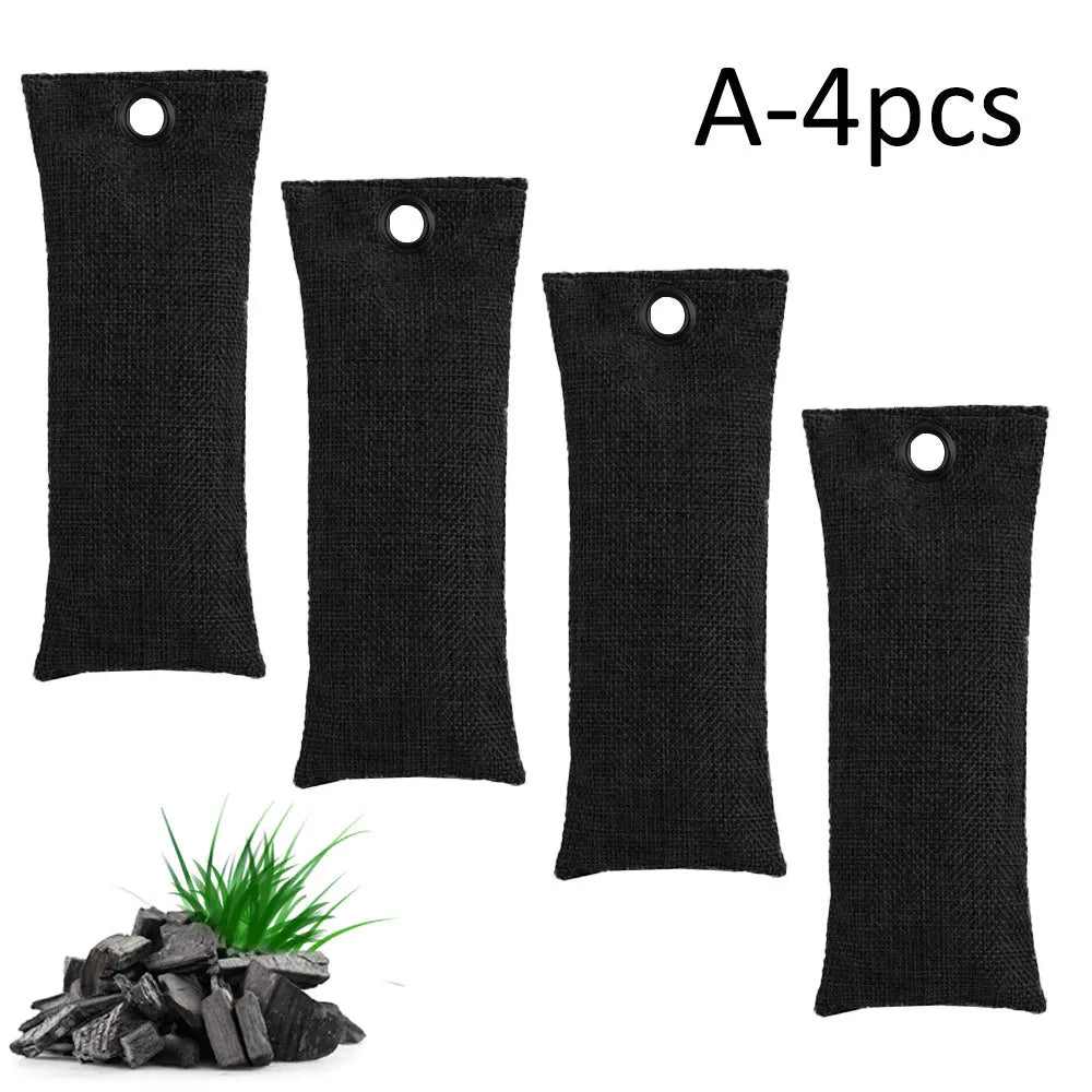 Black, green, grey, and blue bamboo charcoal deodoriser bags for shoes and household odour absorption.