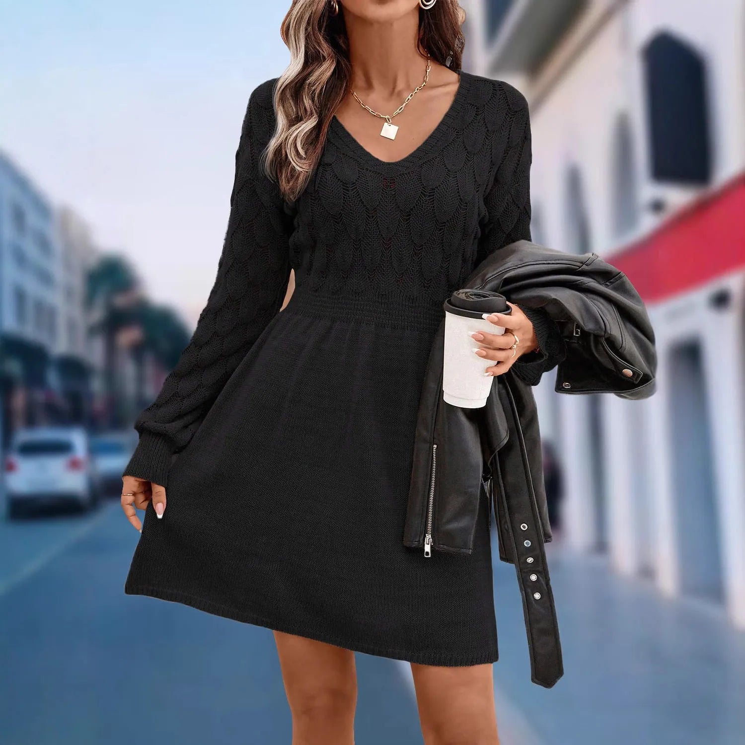 Artistic retro V-neck long sleeve dress in apricot with a high waist and 3D pattern.