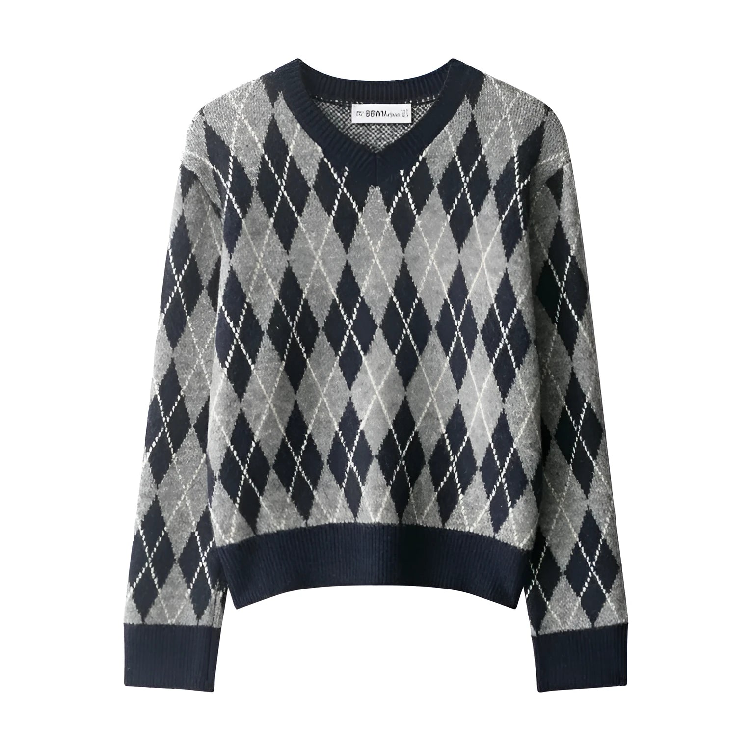 Women's contrast-colour diamond pattern knit sweater pullover long sleeves regular fit casual top