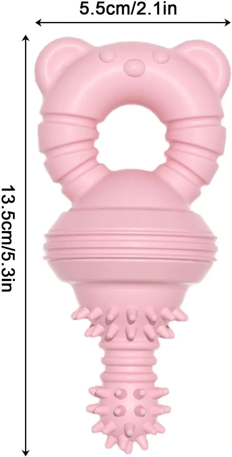Blue rubber dog chew toy with textured surface for cleaning teeth, shown next to a measuring tape indicating 13.5cm diameter.