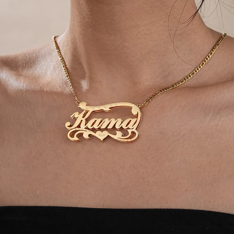 Personalised name necklace with double layer wave heart pendant in stainless steel
