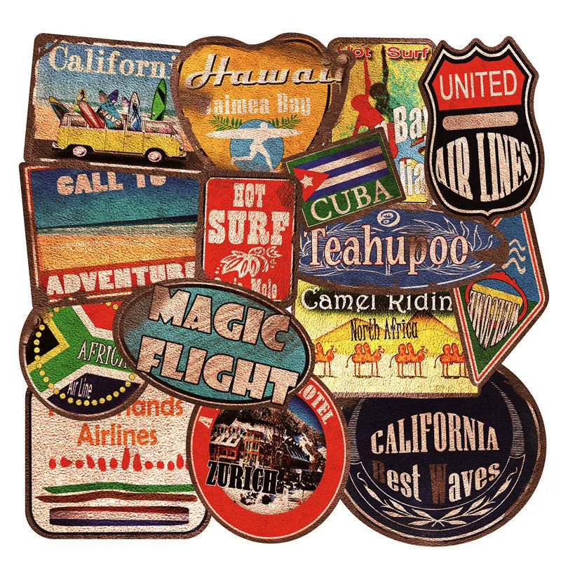 36 piece retro beach sticker pack with surfing and travel designs measuring 6-10cm with matte finish