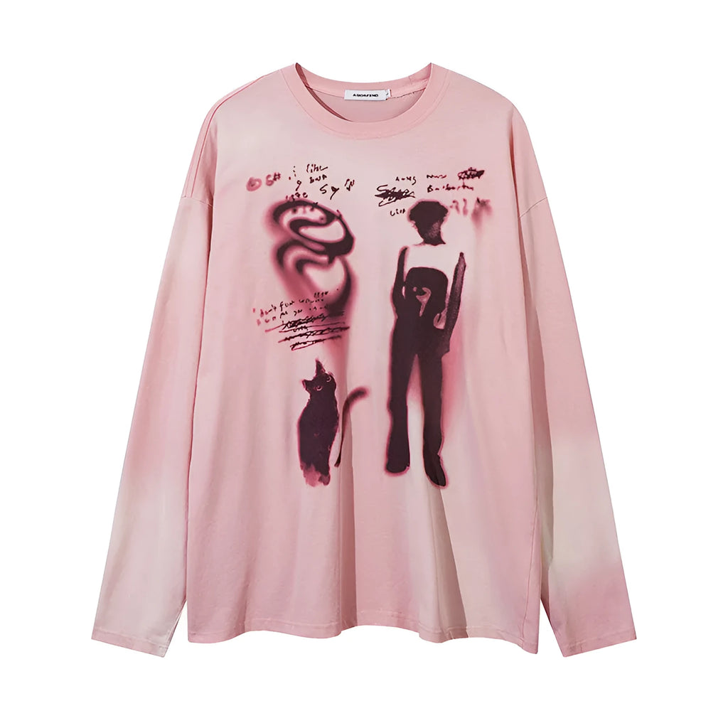 Women's loose dark grey cotton pullover top with letter pattern and drop shoulder sleeves