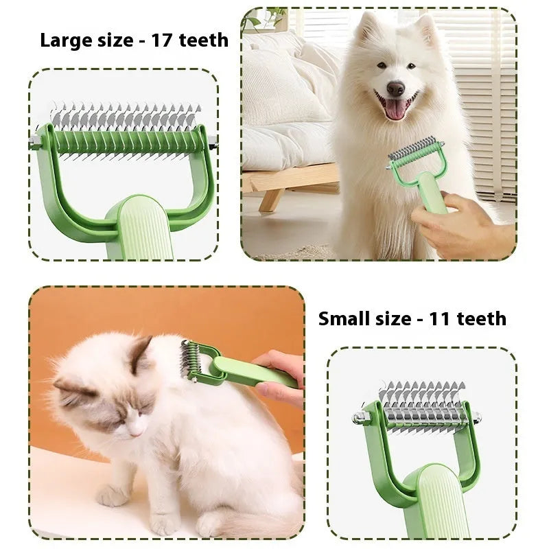 Green and grey dog unknotting combs showing large and small sizes with stainless steel pins.