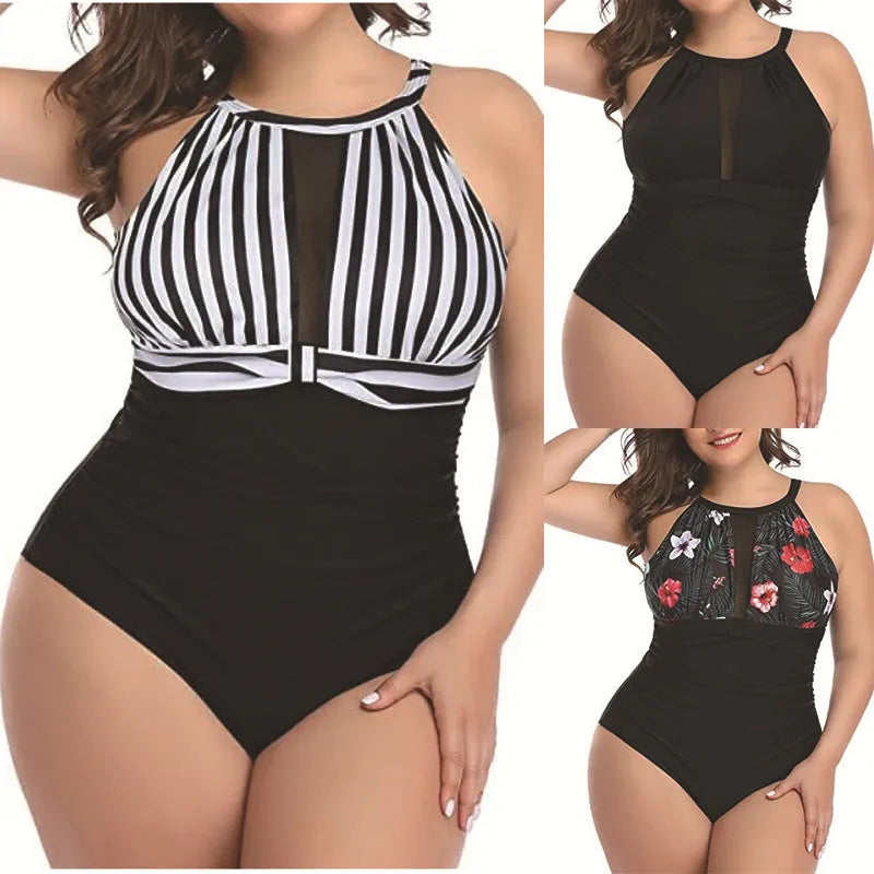 Women's black lace one-piece swimsuit showing front design, with red flower and stripes pattern options available.