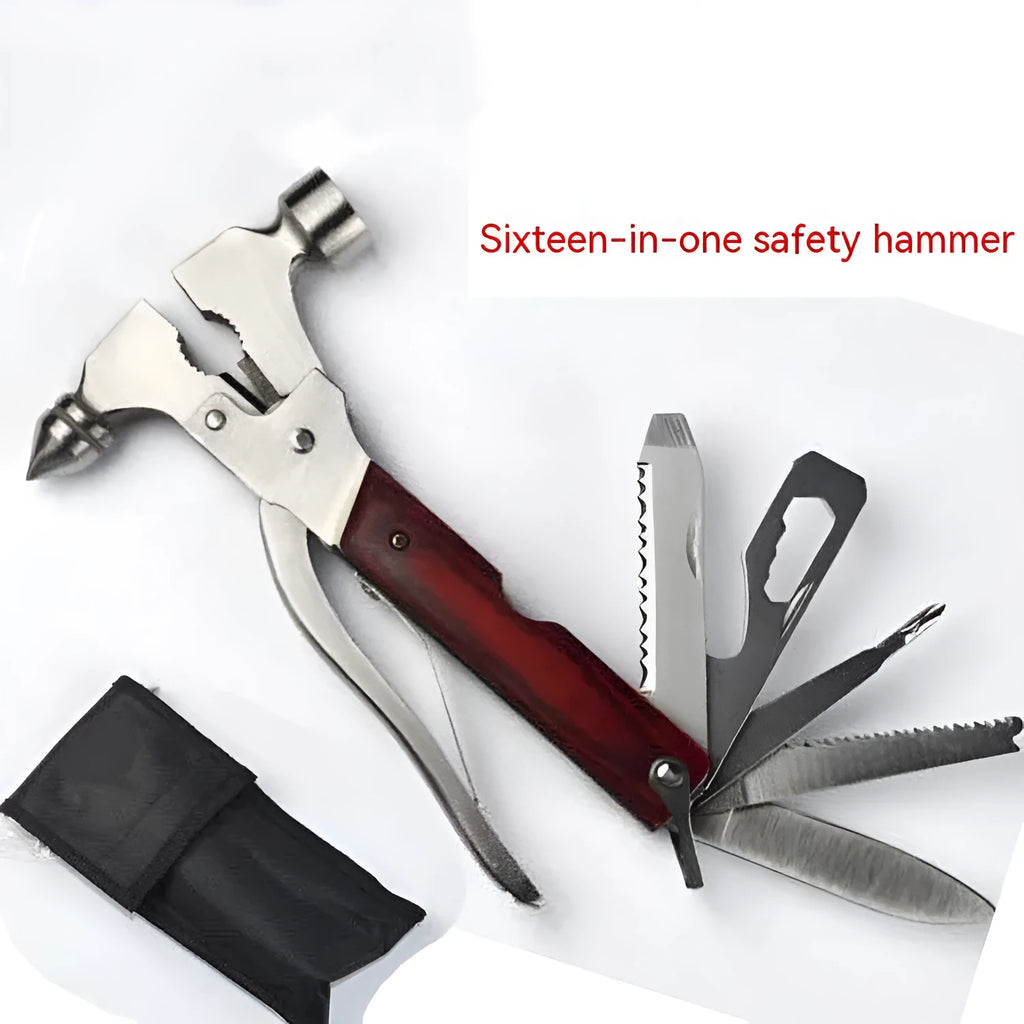Multi-functional 16-in-1 car safety hammer with three head variants: axe, cone and claw designs