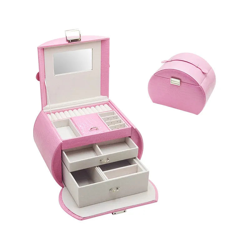 Leather jewellery storage drawer box with hard shell, 22.5x16x17cm, plain pattern, multiple colours