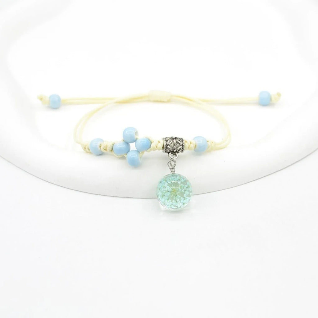 Glass dried flower bracelet with real preserved flowers and lace trim on large 1.4cm beads